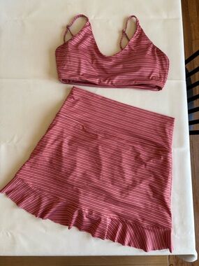 Albion Sunset Stripe Bikini Top and Ruffle-Hem Swim Skirt Set